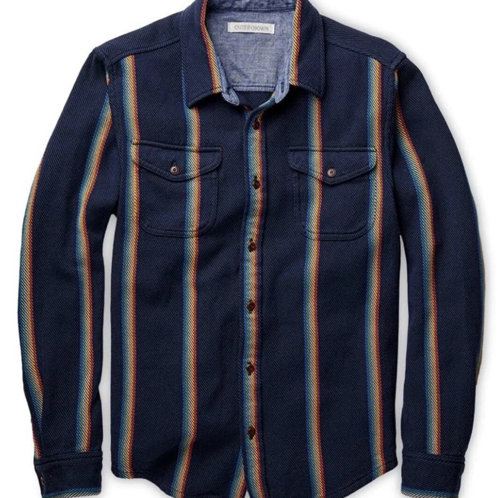 New Outerknown Blanket Shirt Mens Medium Blue Rainbow Stripe Organic Cotton-$148 - Picture 2 of 14